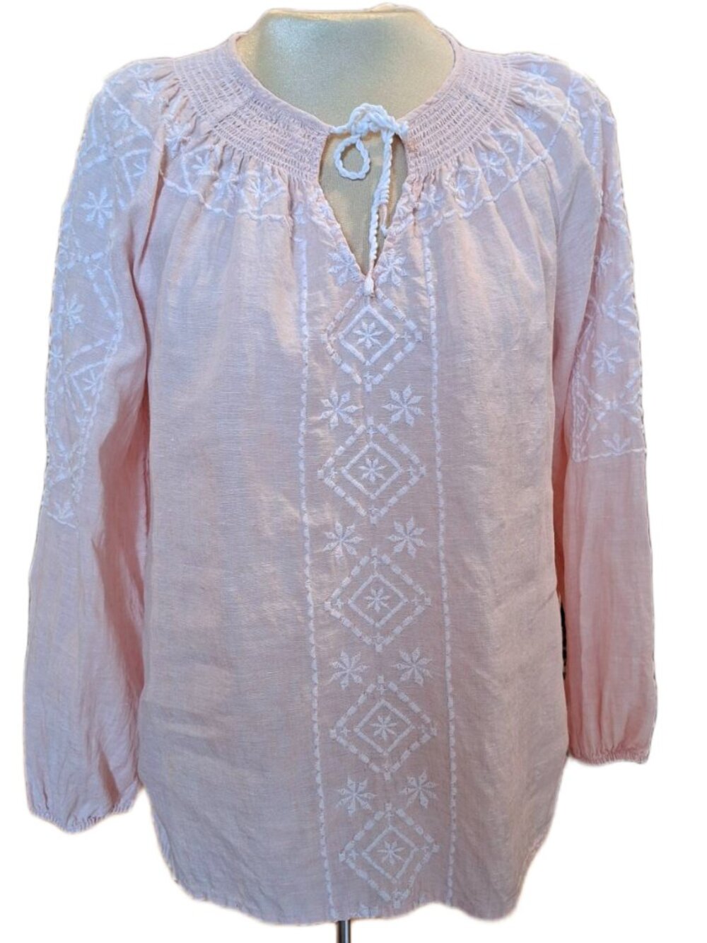 Joie Light Pink Linen Blouse – Embroidered Long Sleeve Boho Chic Size M